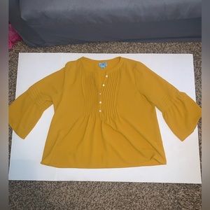 CeCe Mustard Yellow Pintuck Bell Sleeve Blouse